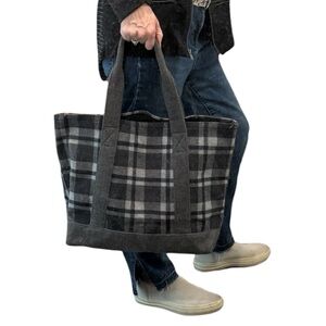 Grey Wool Blend Tartan Check Large Tote Bag MODODOC Plaid Utility Academia